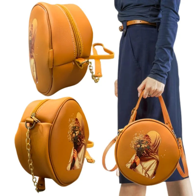 Round Retro Crossbody Handbag | Caramel Faux Leather